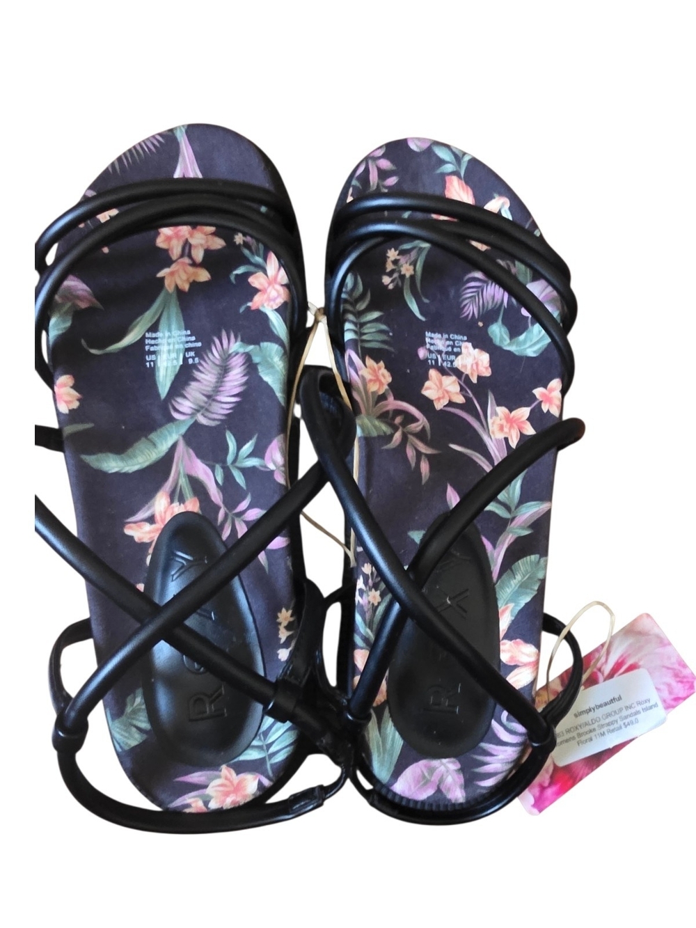 Roxy Black Floral Strappy Sandals